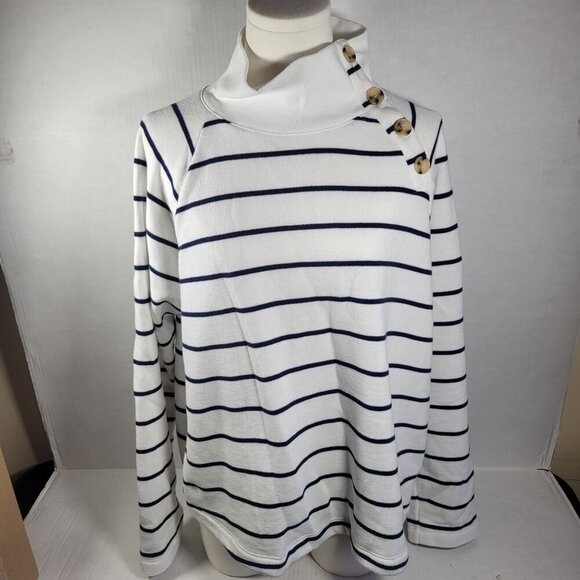 J.Crew Women White Navy Stripe Button Neck Long Sleeve Cotton Blend Tunic Size L - Picture 1 of 10